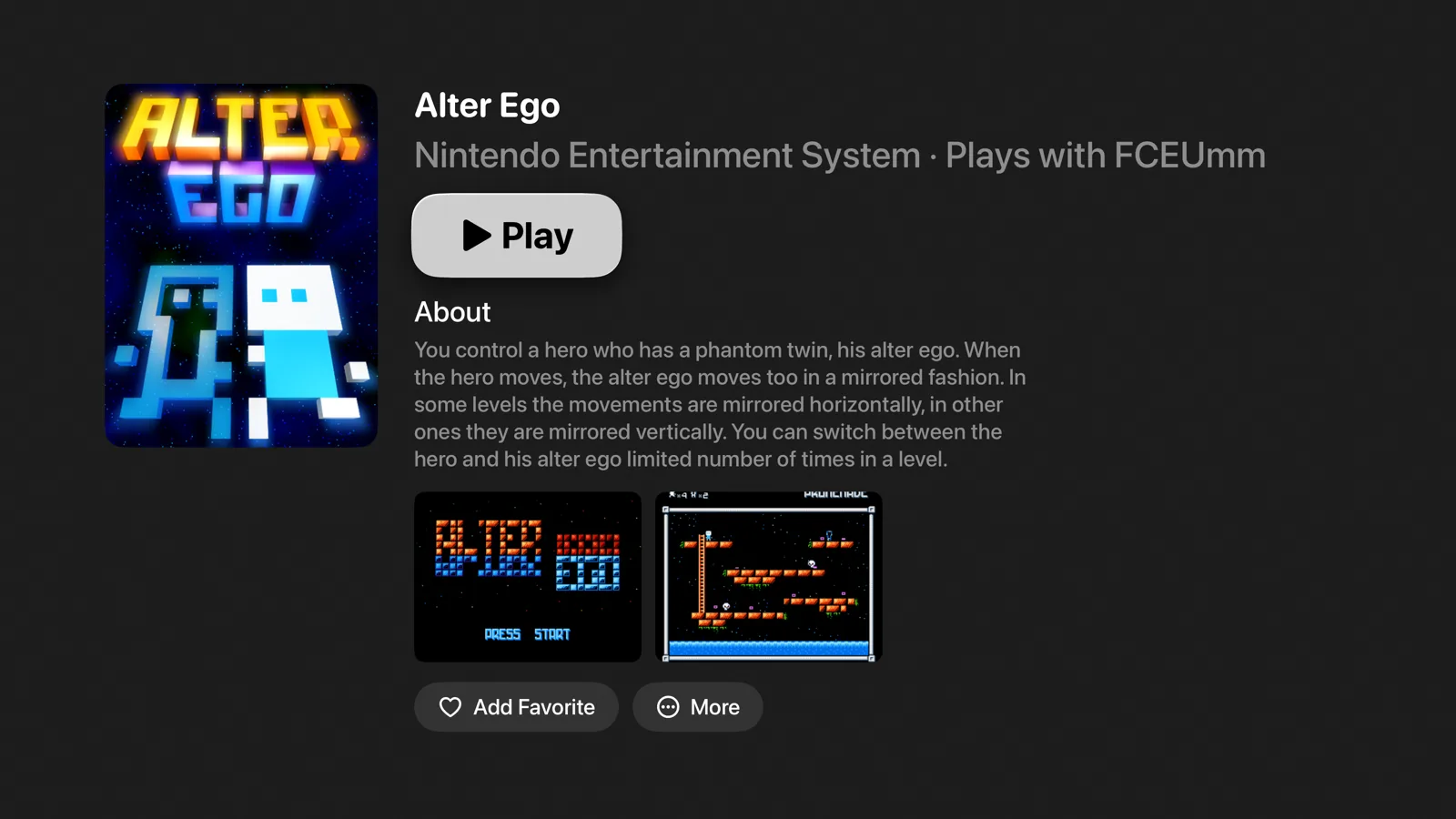 A game page in Channel 3 on Apple TV showing the cover, description, screenshots, and a Play button for the public-domain NES game Alter Ego