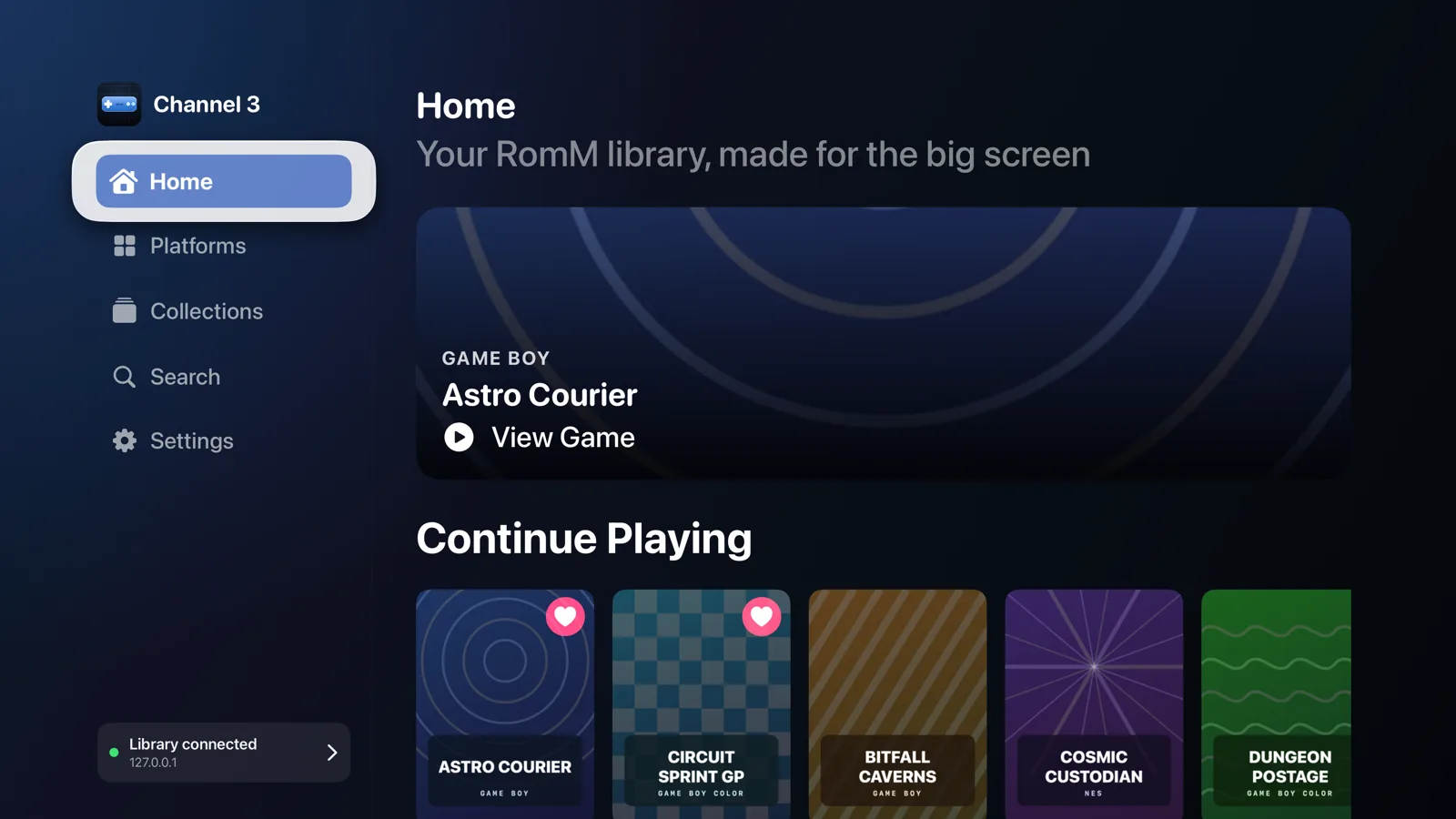 Channel 3 on Apple TV, with blue navigation, a featured game, and a Continue Playing shelf of fictional demo games