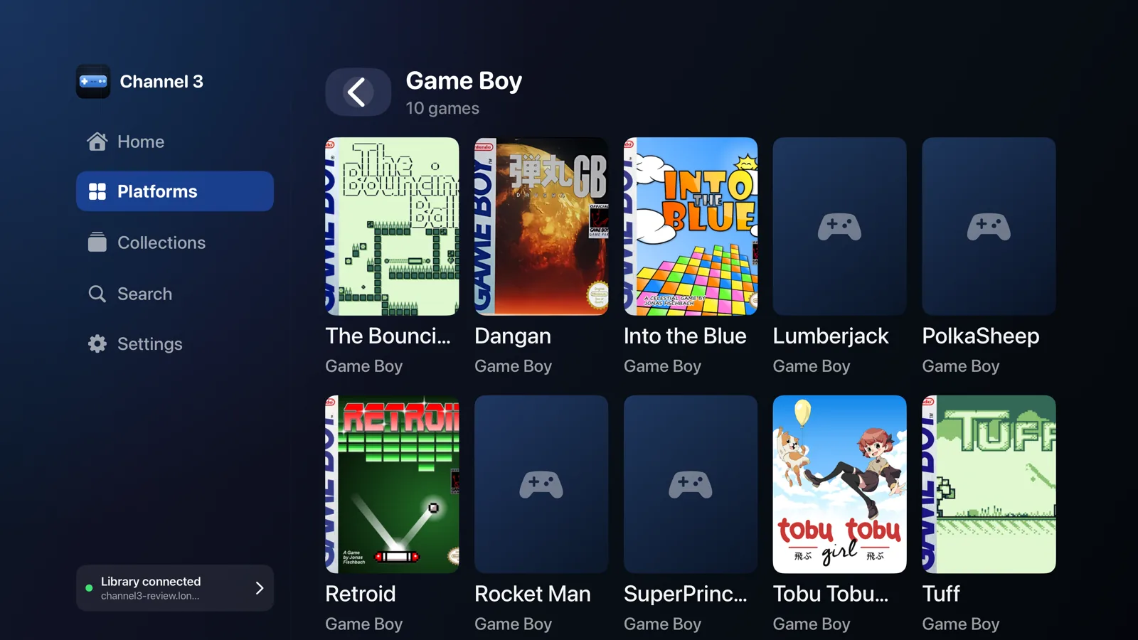 The Channel 3 Game Boy library on Apple TV: a grid of homebrew titles with their cover art from RomM