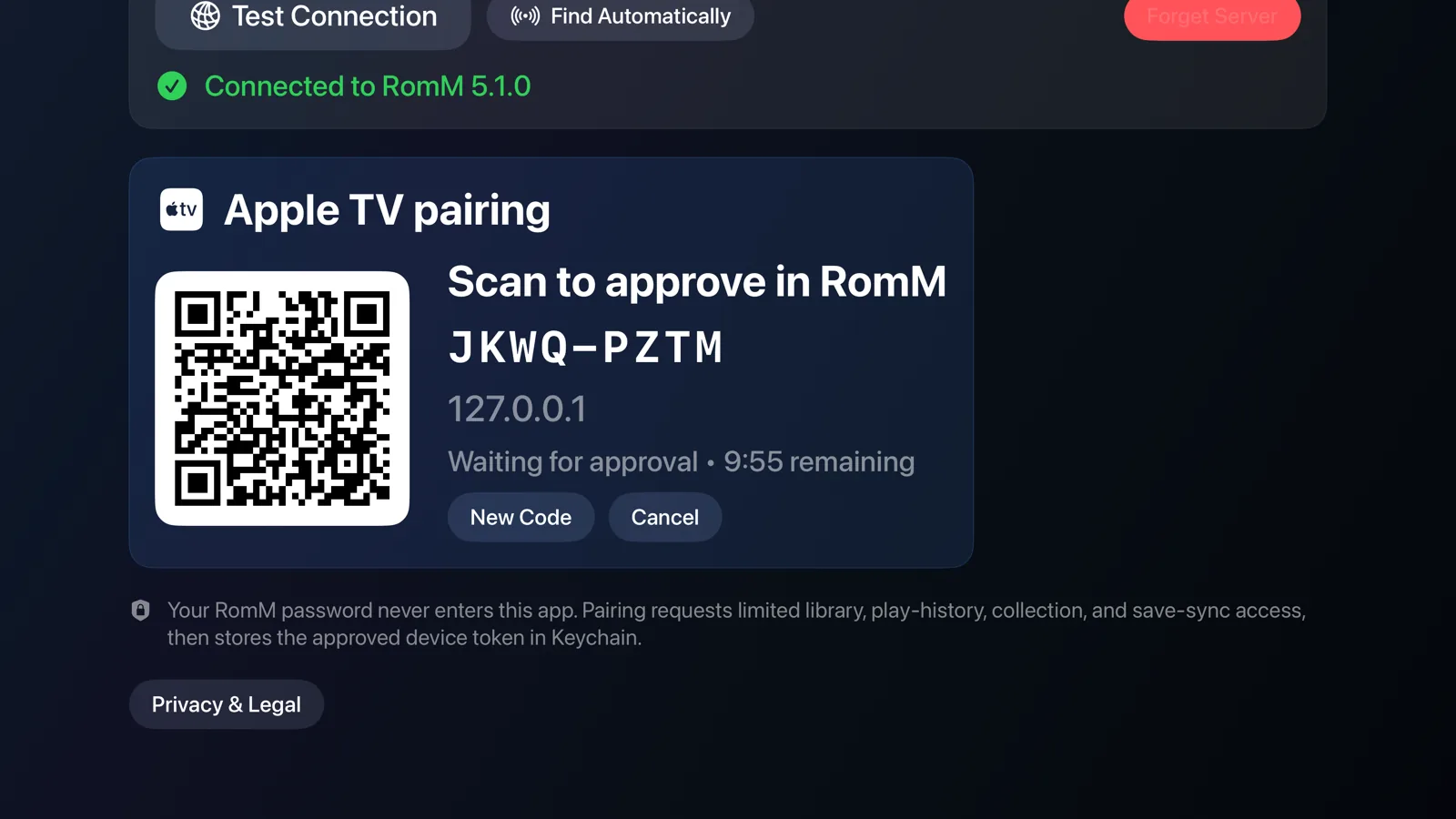 The Channel 3 pairing screen on Apple TV showing a QR code and short code, waiting for approval in RomM on another device