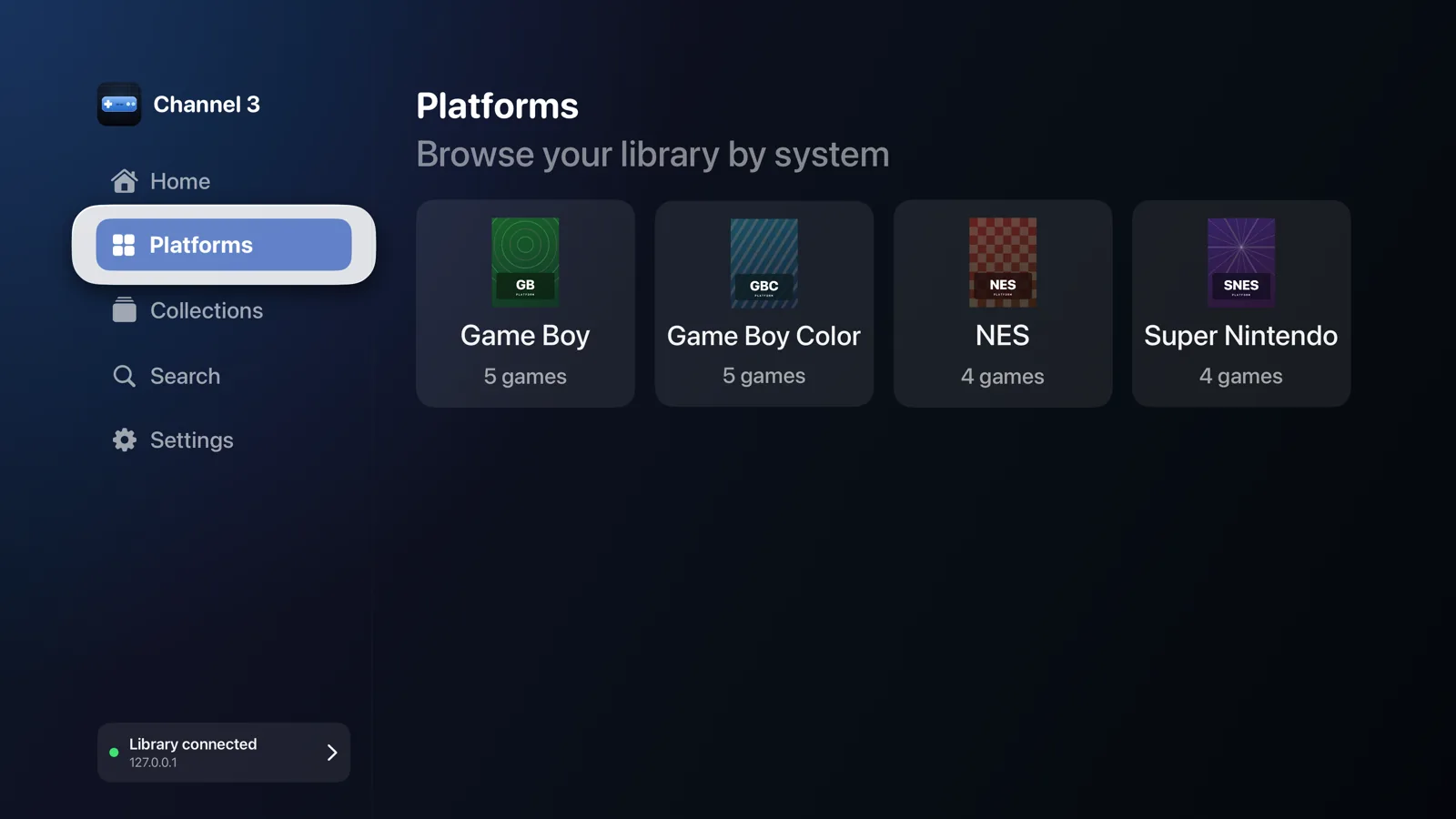The Channel 3 Platforms view on Apple TV showing a grid of systems from the connected RomM server, each with its game count