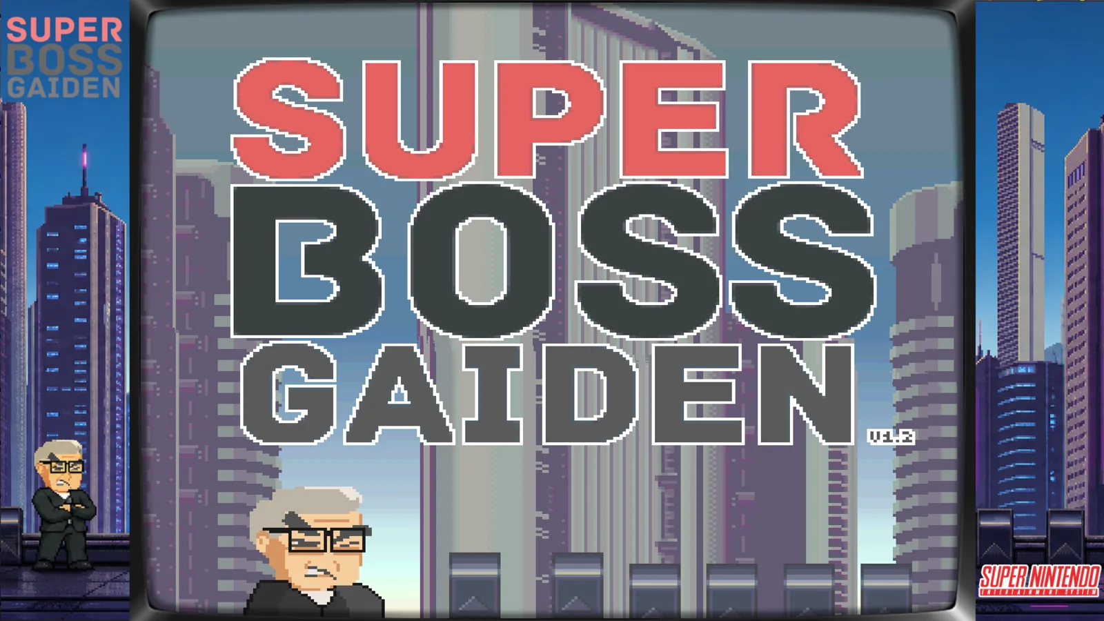 Super Boss Gaiden running in Channel 3 on Apple TV, its title screen inside a Super Nintendo bezel from RomM